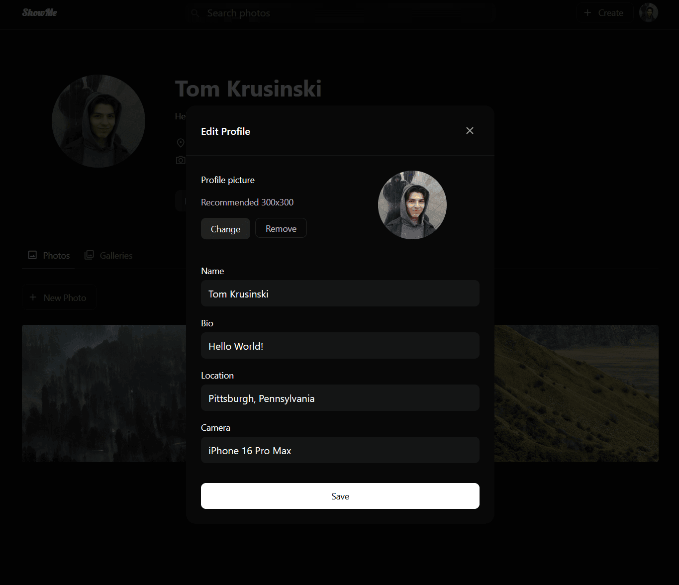 Profile edit modal