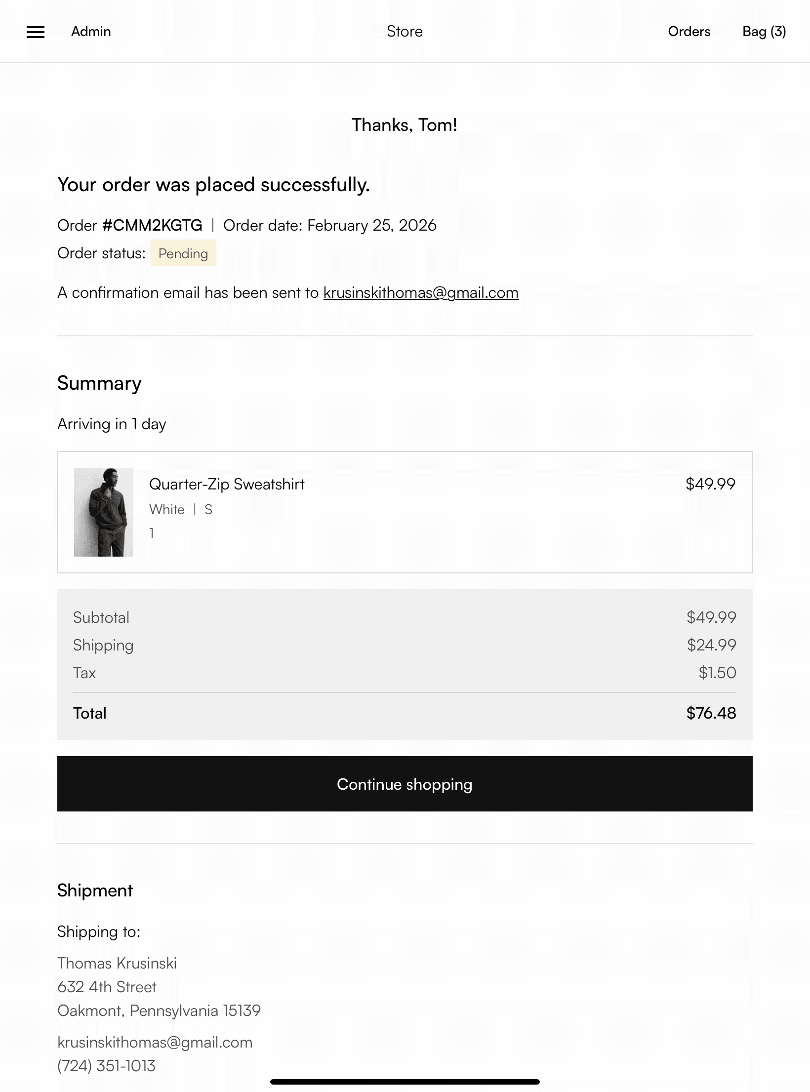 Order placed page