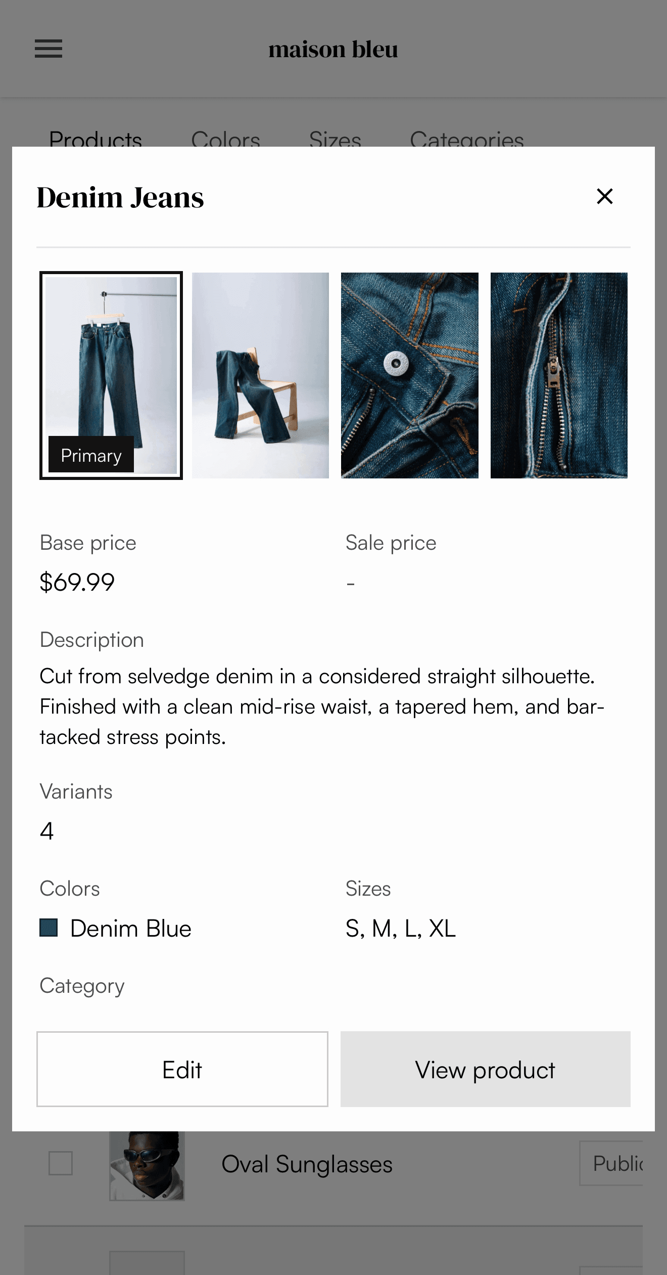 Admin product details modal