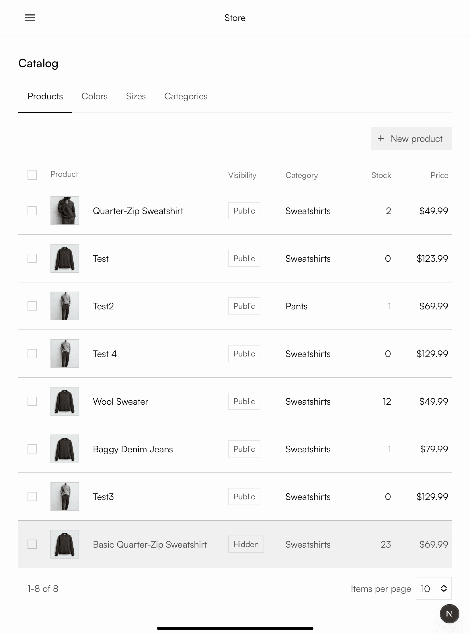 Admin inventory table