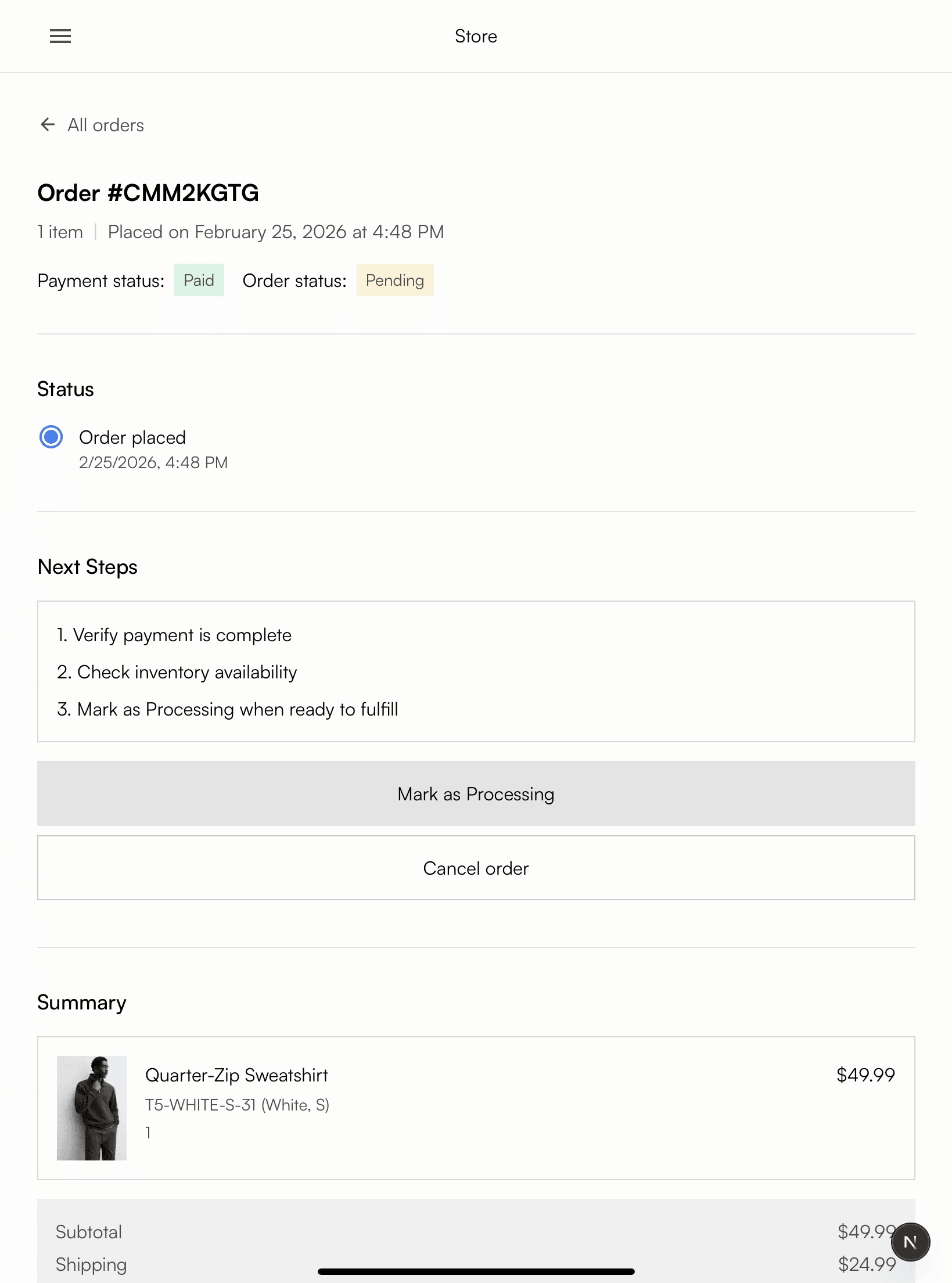 Admin order details with staff instructions