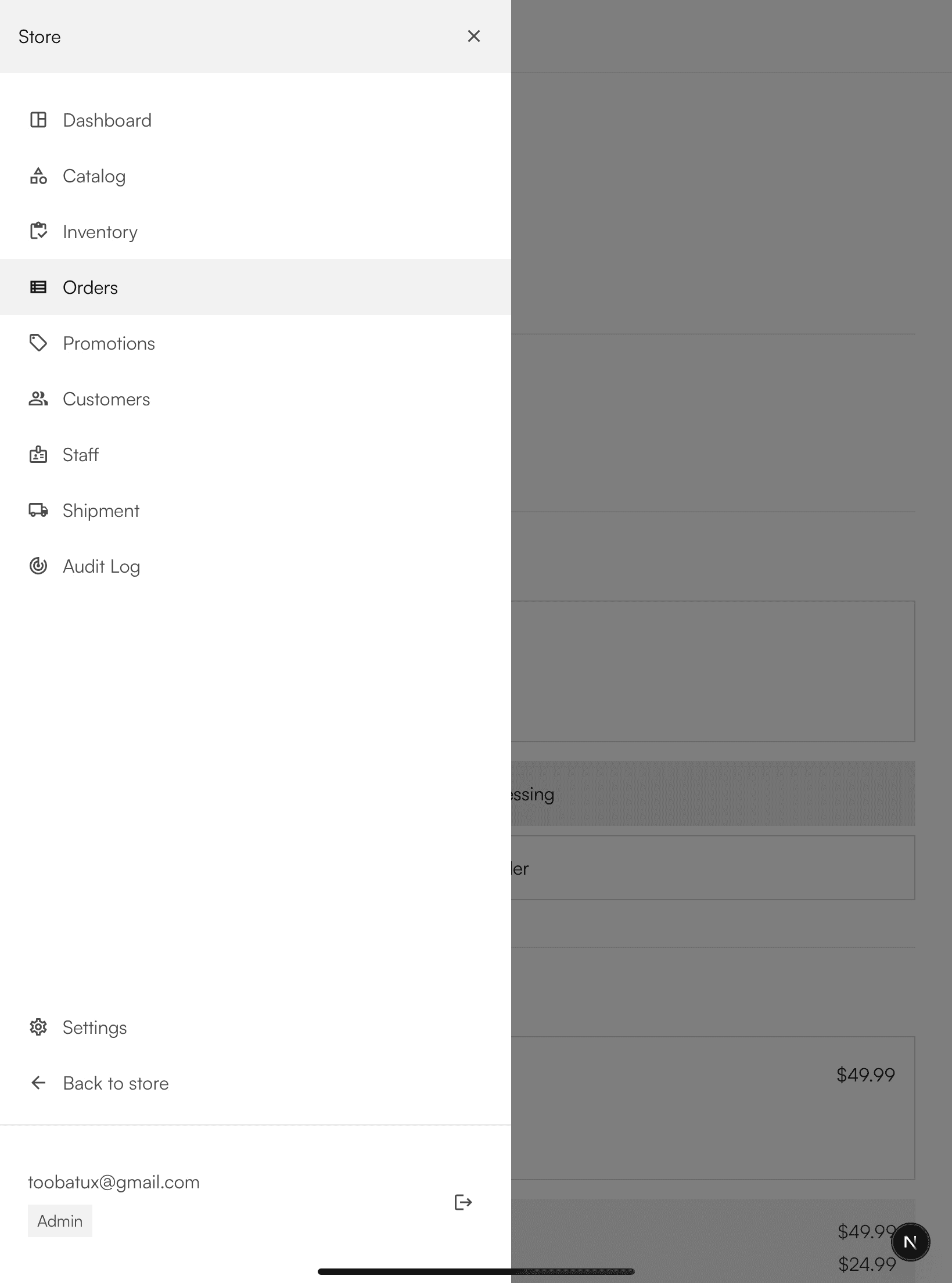Admin sidebar navigation